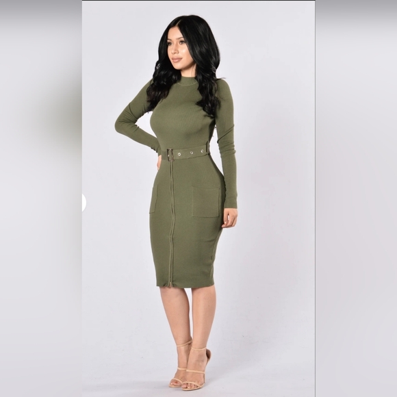 Fashion Nova Olive Long Sleeve Knit Dress - Picture 4 of 8